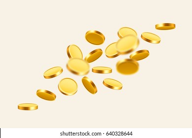 falling money, flying gold coins, golden rain. Jackpot or success concept. Modern background. Vector illustration