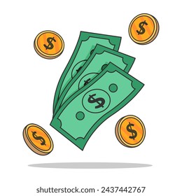 Falling money and gold coins with dollar sign. Green dollar cartoon vector Illustration.