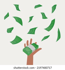 Falling Money And Hand. Dollar Rain. Falling Cash Flow. Business Illustration