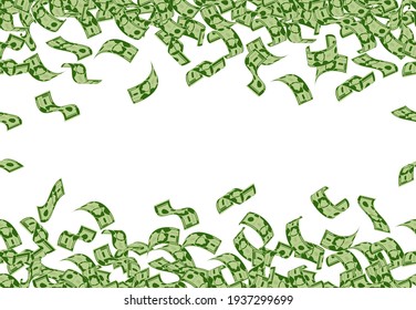 Falling Money Pattern. Dollar Banknotes Flying Seamless Pattern, Cash Money Bills Rain. Falling Dollars Bills Vector Background Illustration