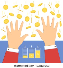 Falling money and raised up hands of businessman. Stack of coins. Vector illustration business concept in flat design.