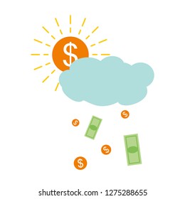 Falling money from the sky. Illustration of coins and cash. Shining Dollar. Reward. Fee. Rain from money. 