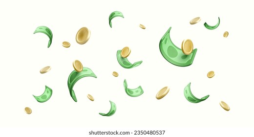 Falling money wallpaper. 3D dollars and coins stream. Financial success concept. Cartoon gold coins and green paper currency. Vector illustration 