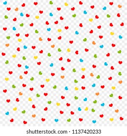Falling multicolored hearts, petals background, isolated on transparent background, pattern design element. Valentine's day, confetti hearts. Vector illustration.