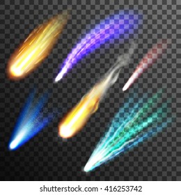 Falling multicolored meteor and comet of different size on transparent black and grey plaid background flat vector illustration