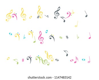 Falling Music Notes Chaos Vector Confetti. Cool Poster Background Elements with Music Symbols. Party Night, Festival, Melody Notes Trail, Celebration or Concert. Decorative Sheets Chaos Texture.