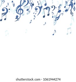 Falling Musical Notes. Abstract Background with Notes, Bass and Treble Clefs. Vector Element for Musical Poster, Banner, Advertising, Card. Minimalistic Simple Background.