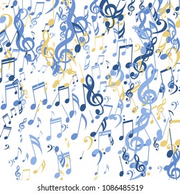 Falling Musical Notes. Abstract Background with Notes, Bass and Treble Clefs. Vector Element for Musical Poster, Banner, Advertising, Card. Minimalistic Simple Background.