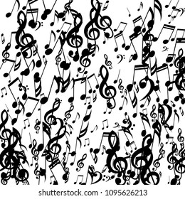 Falling Musical Notes. Abstract Background with Notes, Bass and Treble Clefs. Vector Element for Musical Poster, Banner, Advertising, Card. Minimalistic Simple Background.