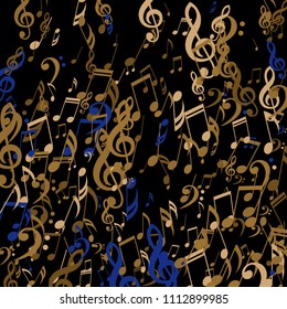 Falling Musical Notes. Abstract Background with Notes, Bass and Treble Clefs. Vector Element for Musical Poster, Banner, Advertising, Card. Minimalistic Simple Background.