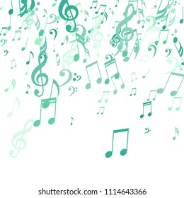 Falling Musical Notes. Abstract Background with Notes, Bass and Treble Clefs. Vector Element for Musical Poster, Banner, Advertising, Card. Minimalistic Simple Background.