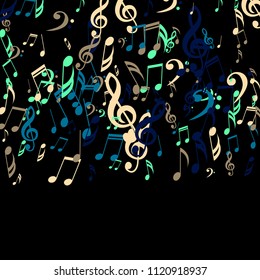 Falling Musical Notes. Abstract Background with Notes, Bass and Treble Clefs. Vector Element for Musical Poster, Banner, Advertising, Card. Minimalistic Simple Background.