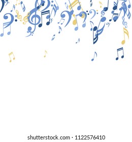 Falling Musical Notes. Abstract Background with Notes, Bass and Treble Clefs. Vector Element for Musical Poster, Banner, Advertising, Card. Minimalistic Simple Background.