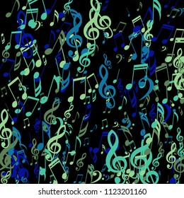 Falling Musical Notes. Abstract Background with Notes, Bass and Treble Clefs. Vector Element for Musical Poster, Banner, Advertising, Card. Minimalistic Simple Background.