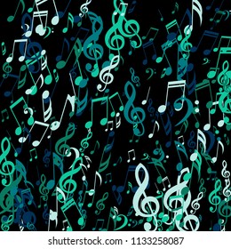 Falling Musical Notes. Abstract Background with Notes, Bass and Treble Clefs. Vector Element for Musical Poster, Banner, Advertising, Card. Minimalistic Simple Background.