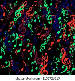 Falling Musical Notes. Abstract Background with Notes, Bass and Treble Clefs. Vector Element for Musical Poster, Banner, Advertising, Card. Minimalistic Simple Background.