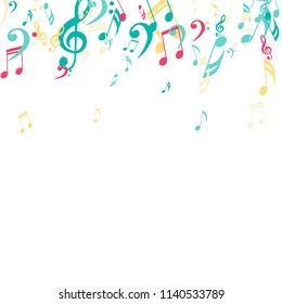 Falling Musical Notes. Abstract Background with Notes, Bass and Treble Clefs. Vector Element for Musical Poster, Banner, Advertising, Card. Minimalistic Simple Background.