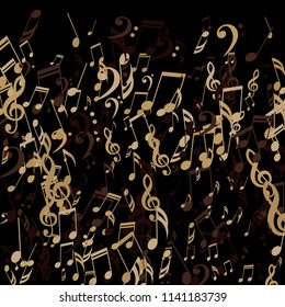 Falling Musical Notes. Abstract Background with Notes, Bass and Treble Clefs. Vector Element for Musical Poster, Banner, Advertising, Card. Minimalistic Simple Background.