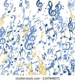 Falling Musical Notes. Abstract Background with Notes, Bass and Treble Clefs. Vector Element for Musical Poster, Banner, Advertising, Card. Minimalistic Simple Background.