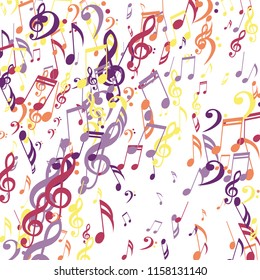 Falling Musical Notes. Abstract Background with Notes, Bass and Treble Clefs. Vector Element for Musical Poster, Banner, Advertising, Card. Minimalistic Simple Background.