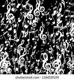 Falling Musical Notes. Abstract Background with Notes, Bass and Treble Clefs. Vector Element for Musical Poster, Banner, Advertising, Card. Minimalistic Simple Background.