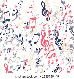 Falling Musical Notes. Abstract Background with Notes, Bass and Treble Clefs. Vector Element for Musical Poster, Banner, Advertising, Card. Minimalistic Simple Background.