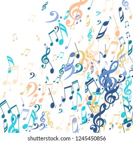 Falling Musical Notes. Abstract Background with Notes, Bass and Treble Clefs. Vector Element for Musical Poster, Banner, Advertising, Card. Minimalistic Simple Background.
