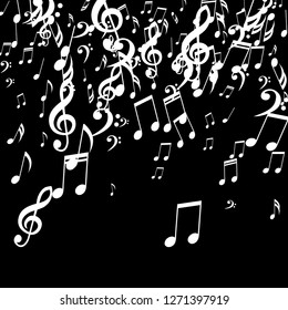 Falling Musical Notes. Abstract Background with Notes, Bass and Treble Clefs. Vector Element for Musical Poster, Banner, Advertising, Card. Minimalistic Simple Background.