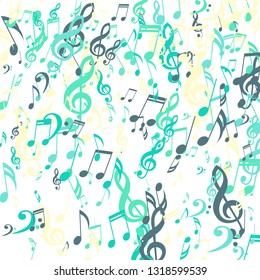 Falling Musical Notes. Abstract Background with Notes, Bass and Treble Clefs. Vector Element for Musical Poster, Banner, Advertising, Card. Minimalistic Simple Background.
