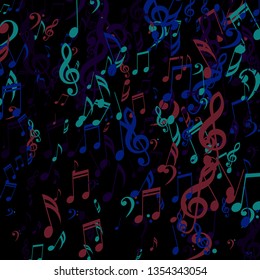 Falling Musical Notes. Abstract Background with Notes, Bass and Treble Clefs. Vector Element for Musical Poster, Banner, Advertising, Card. Minimalistic Simple Background.