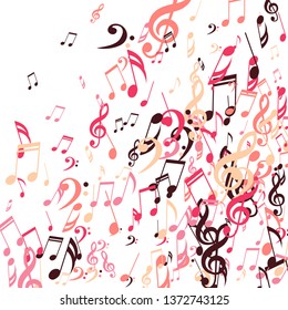 Falling Musical Notes. Abstract Background with Notes, Bass and Treble Clefs. Vector Element for Musical Poster, Banner, Advertising, Card. Minimalistic Simple Background.