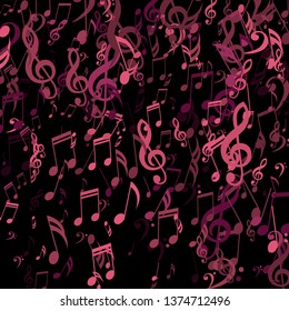 Falling Musical Notes. Abstract Background with Notes, Bass and Treble Clefs. Vector Element for Musical Poster, Banner, Advertising, Card. Minimalistic Simple Background.