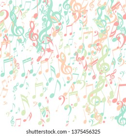 Falling Musical Notes. Abstract Background with Notes, Bass and Treble Clefs. Vector Element for Musical Poster, Banner, Advertising, Card. Minimalistic Simple Background.