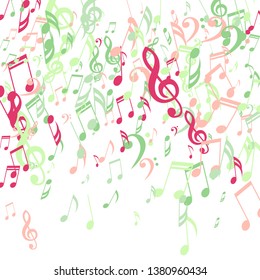 Falling Musical Notes. Abstract Background with Notes, Bass and Treble Clefs. Vector Element for Musical Poster, Banner, Advertising, Card. Minimalistic Simple Background.