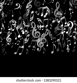 Falling Musical Notes. Abstract Background with Notes, Bass and Treble Clefs. Vector Element for Musical Poster, Banner, Advertising, Card. Minimalistic Simple Background.