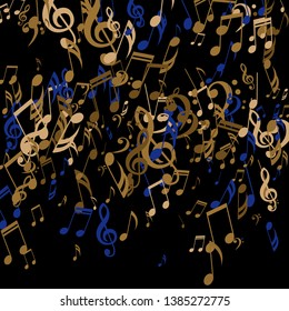 Falling Musical Notes. Abstract Background with Notes, Bass and Treble Clefs. Vector Element for Musical Poster, Banner, Advertising, Card. Minimalistic Simple Background.