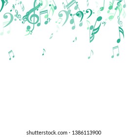 Falling Musical Notes. Abstract Background with Notes, Bass and Treble Clefs. Vector Element for Musical Poster, Banner, Advertising, Card. Minimalistic Simple Background.