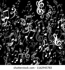 Falling Musical Notes. Creative Background with Notes, Bass and Treble Clefs. Vector Element for Musical Poster, Banner, Advertising, Card. Minimalistic Simple Background.