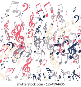 Falling Musical Notes. Creative Background with Notes, Bass and Treble Clefs. Vector Element for Musical Poster, Banner, Advertising, Card. Minimalistic Simple Background.