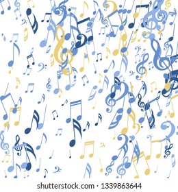 Falling Musical Notes. Creative Background with Notes, Bass and Treble Clefs. Vector Element for Musical Poster, Banner, Advertising, Card. Minimalistic Simple Background.