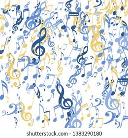 Falling Musical Notes. Creative Background with Notes, Bass and Treble Clefs. Vector Element for Musical Poster, Banner, Advertising, Card. Minimalistic Simple Background.