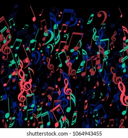 Falling Musical Notes. Modern Background with Notes, Bass and Treble Clefs. Vector Element for Musical Poster, Banner, Advertising, Card. Minimalistic Simple Background.