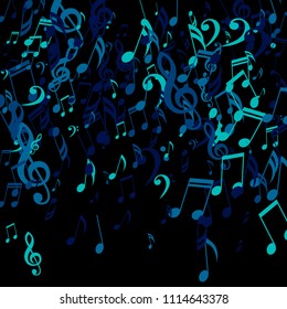 Falling Musical Notes. Modern Background with Notes, Bass and Treble Clefs. Vector Element for Musical Poster, Banner, Advertising, Card. Minimalistic Simple Background.