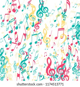 Falling Musical Notes. Modern Background with Notes, Bass and Treble Clefs. Vector Element for Musical Poster, Banner, Advertising, Card. Minimalistic Simple Background.