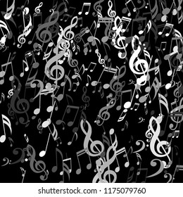 Falling Musical Notes. Modern Background with Notes, Bass and Treble Clefs. Vector Element for Musical Poster, Banner, Advertising, Card. Minimalistic Simple Background.
