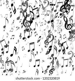 Falling Musical Notes. Modern Background with Notes, Bass and Treble Clefs. Vector Element for Musical Poster, Banner, Advertising, Card. Minimalistic Simple Background.