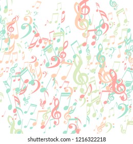 Falling Musical Notes. Modern Background with Notes, Bass and Treble Clefs. Vector Element for Musical Poster, Banner, Advertising, Card. Minimalistic Simple Background.