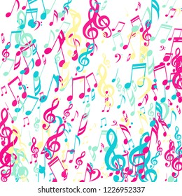 Falling Musical Notes. Modern Background with Notes, Bass and Treble Clefs. Vector Element for Musical Poster, Banner, Advertising, Card. Minimalistic Simple Background.