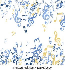 Falling Musical Notes. Modern Background with Notes, Bass and Treble Clefs. Vector Element for Musical Poster, Banner, Advertising, Card. Minimalistic Simple Background.