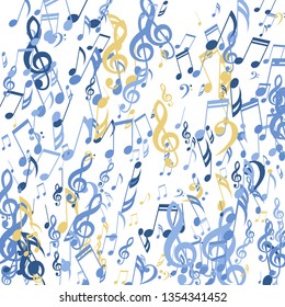 Falling Musical Notes. Modern Background with Notes, Bass and Treble Clefs. Vector Element for Musical Poster, Banner, Advertising, Card. Minimalistic Simple Background.